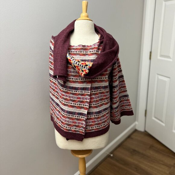 Anthropologie Moth Burgundy Multicolor Hooded Wrap Poncho Scarf Sweater - Picture 1 of 11
